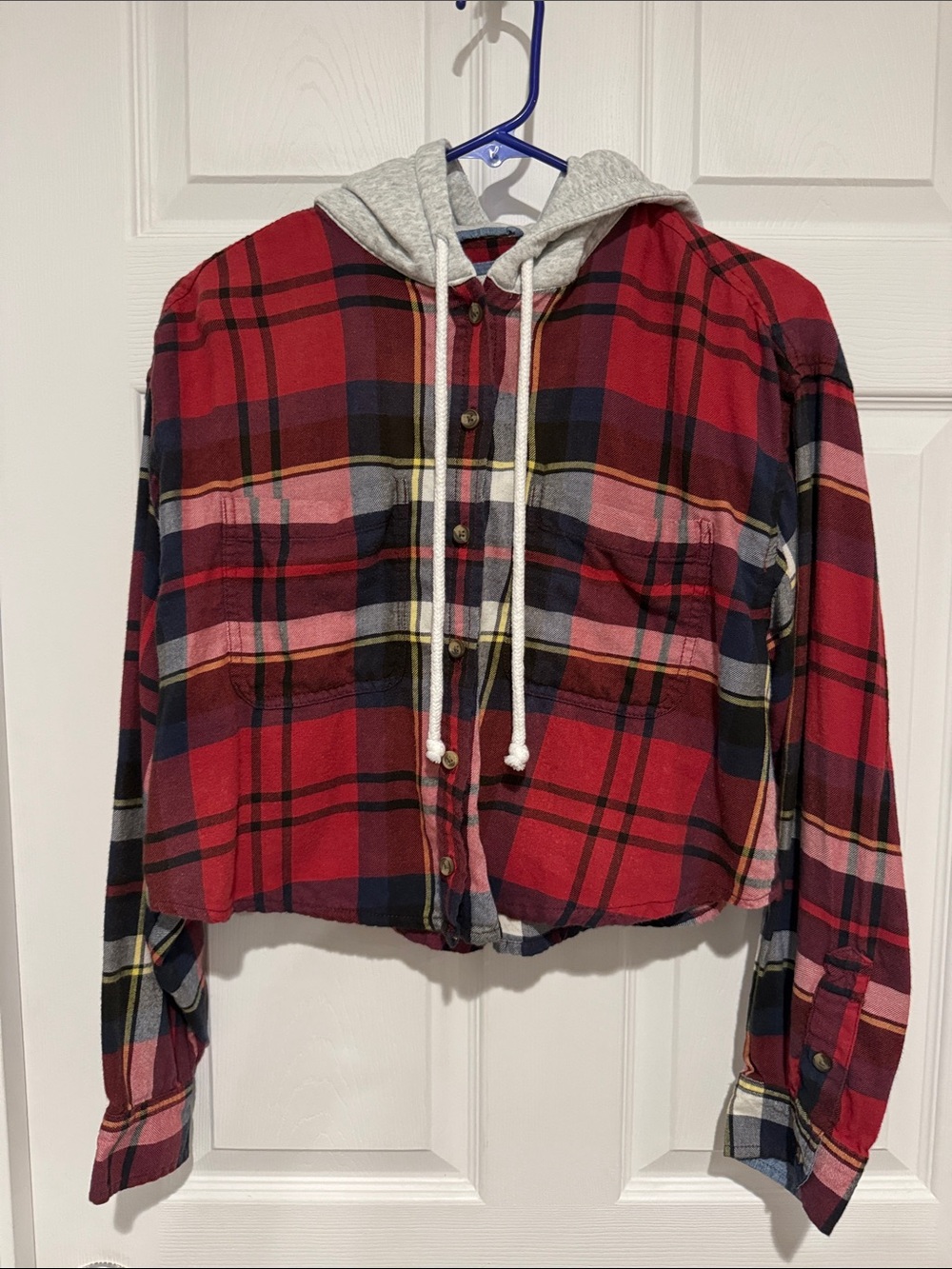 American Eagle Cropped Red Plaid Hooded flannel style Shirt with Gray Hood